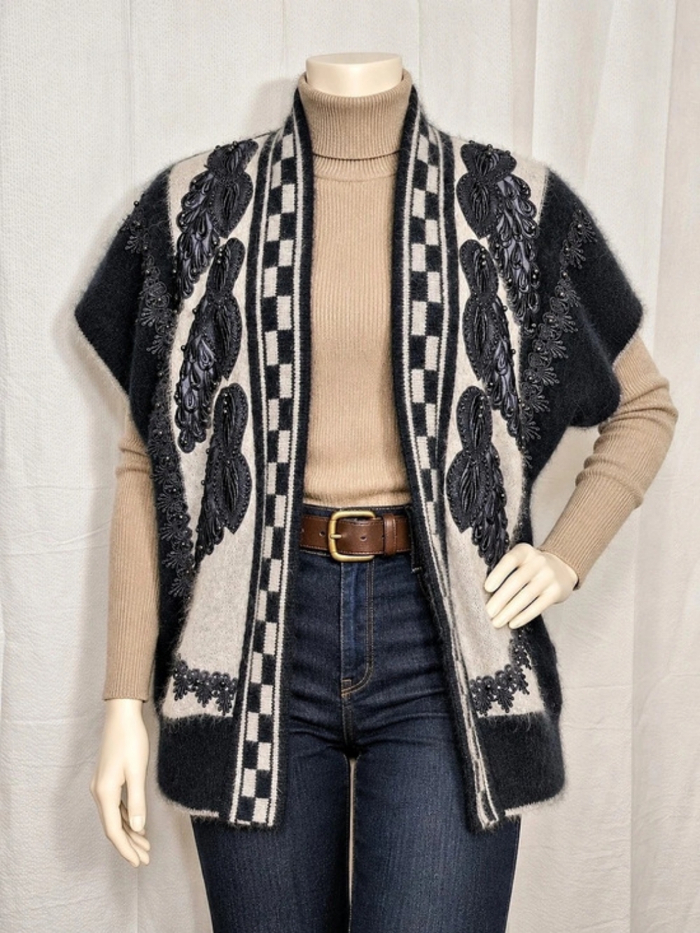 Vintage FA Fashion 80% Angora Embroidered Cardigan Vest Art to Wear